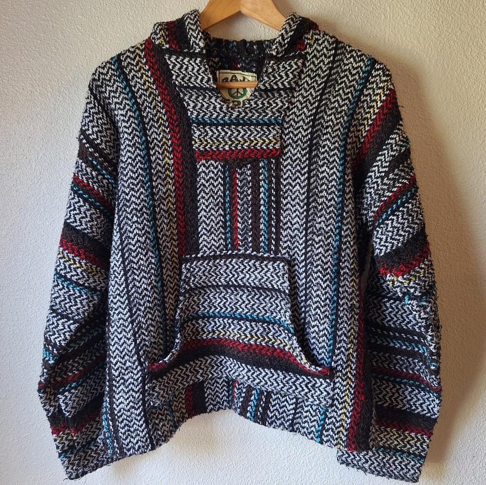 BAJA JOE Knitted Multicolor Mexican Aztec Hoodie Poncho Style Hippie Size S
